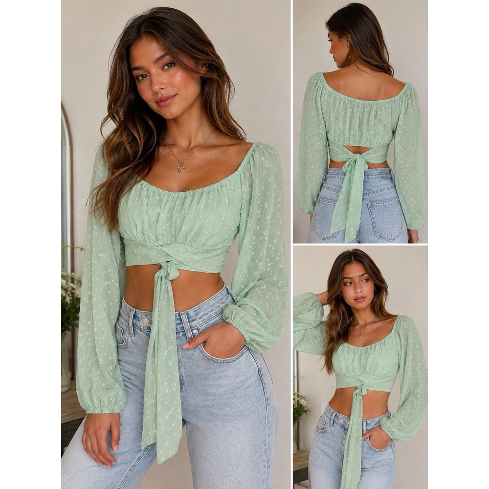 Windsor Women's Medium Mint Green Swiss Dot Crop Top Tie Front NWT Coquette